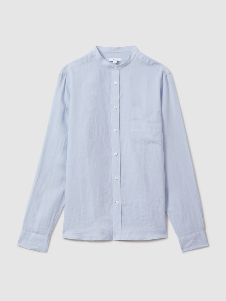 Reiss Light Blue Ocean Linen Grandad Collar Shirt - Image 2 of 5