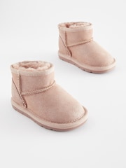 Pink Shimmer Suede Mini Faux Fur Lined Water Repellent Pull-On Suede Boots - Image 1 of 4