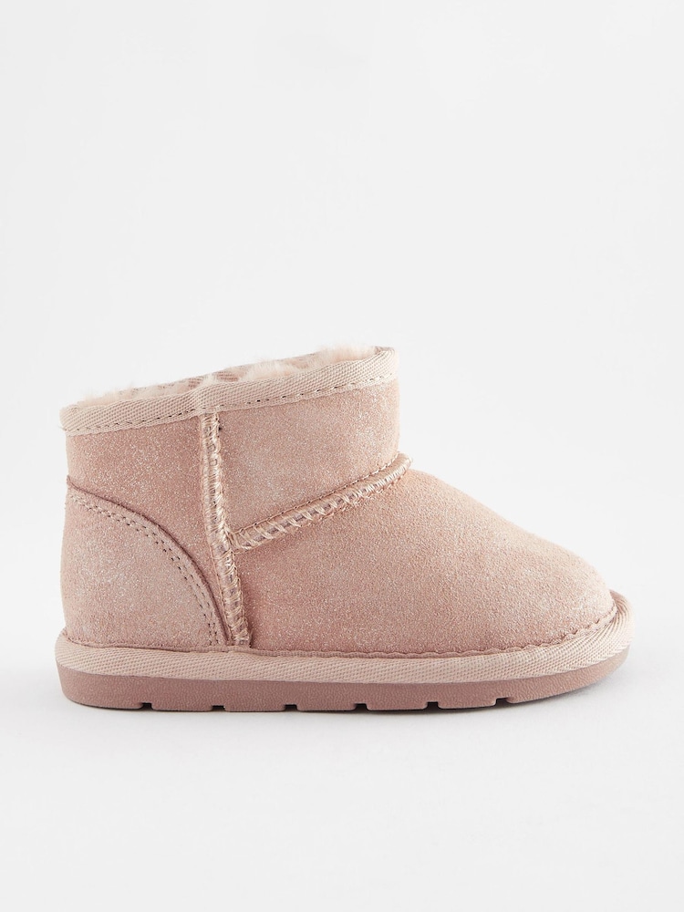 Pink Shimmer Suede Mini Faux Fur Lined Water Repellent Pull-On Suede Boots - Image 2 of 4