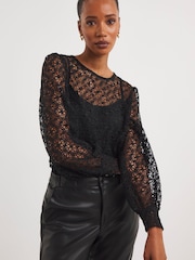 JD Williams Black Volume Sleeve Lace Top - Image 1 of 4