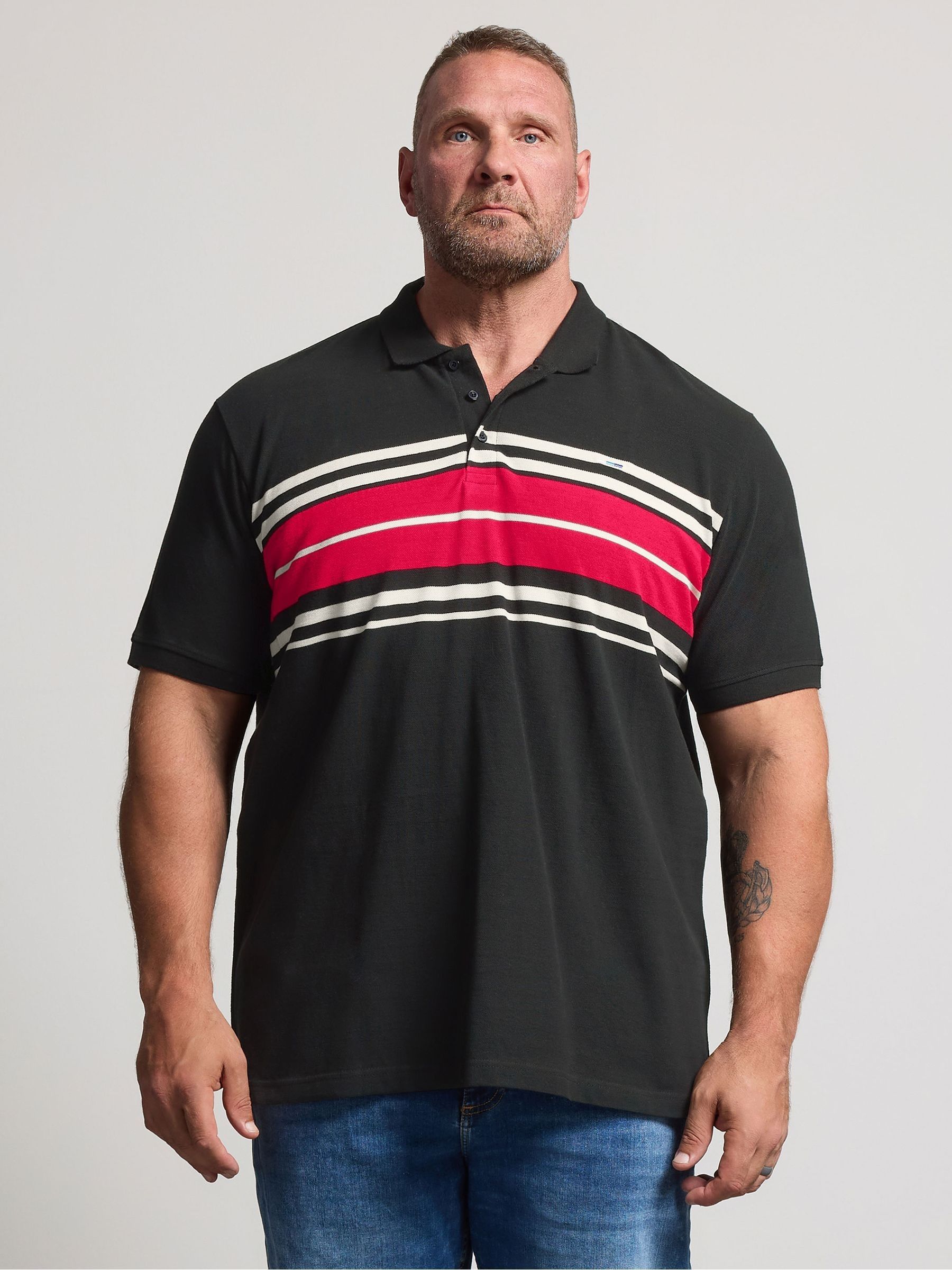 Badrhino Big & Tall Men's Black Navy Chest Stripe Polo Shirts - Image 1