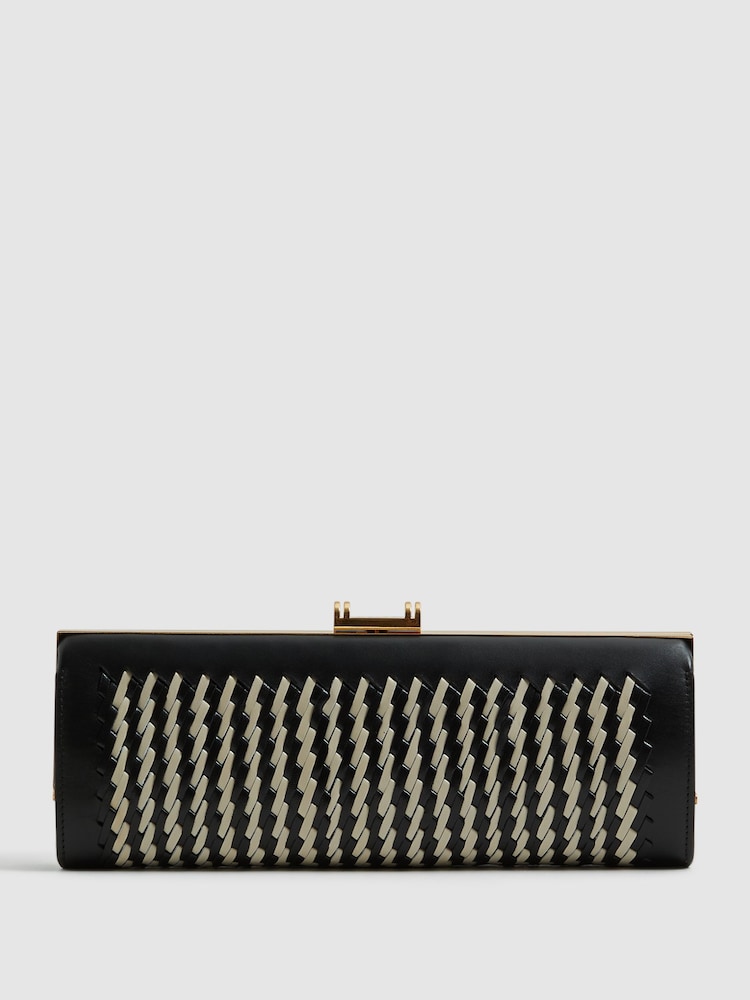 Reiss Black/White Grecia Leather Woven Clutch Bag - Image 1 of 5