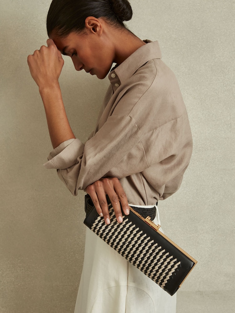 Reiss Black/White Grecia Leather Woven Clutch Bag - Image 2 of 5