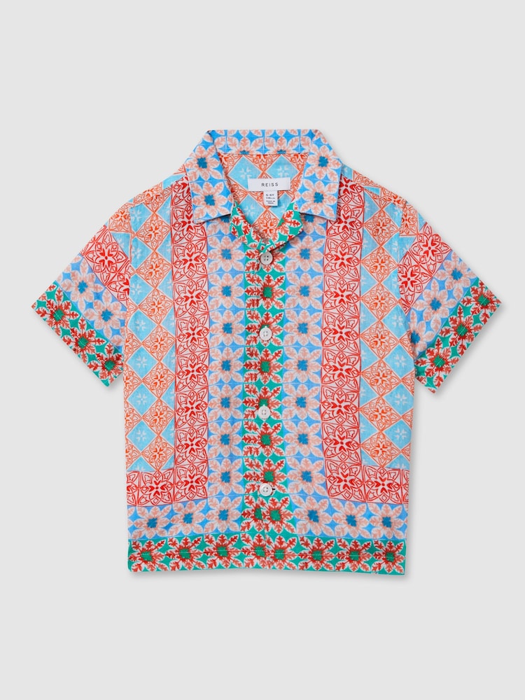 Reiss Orange Multi Pantain 3-9 yrs Linen Printed Cuban Collar Shirt - Image 2 of 4