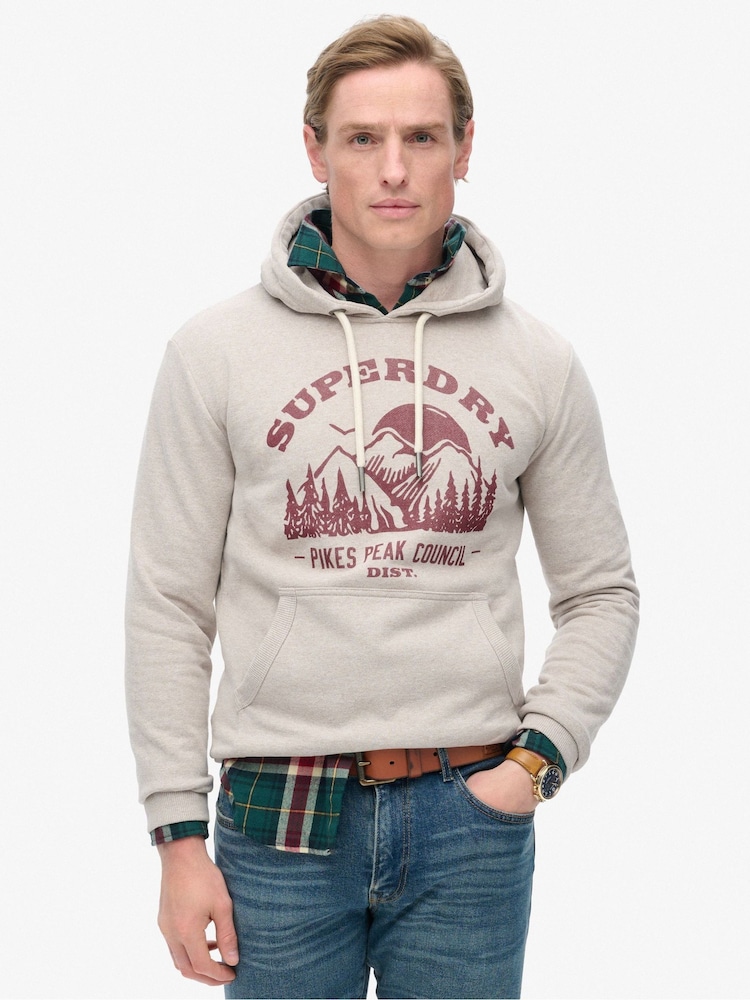 Superdry Beige Marl Lo-Fi Outdoor Graphic Hoodie - Image 1 of 6