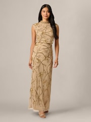 Adrianna Papell Gold Petite Mock Neck Beaded Long Dress - Image 1 of 6