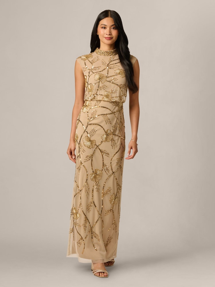 Adrianna Papell Gold Petite Mock Neck Beaded Long Dress - Image 1 of 6 Adrianna Papell Gold Petite Mock Neck Beaded Long Dress - Image 1 of 6