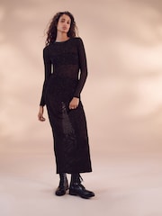 Black/Gold Crochet Mesh Sparkle Sheer Long Sleeve Midi Length Dress - Image 2 of 6