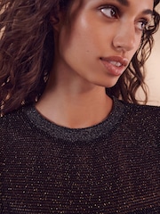 Black/Gold Crochet Mesh Sparkle Sheer Long Sleeve Midi Length Dress - Image 4 of 6