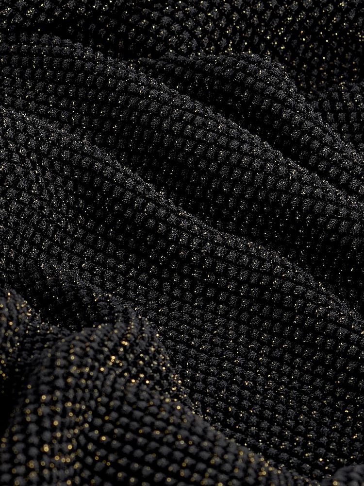 Black/Gold Crochet Mesh Sparkle Sheer Long Sleeve Midi Length Dress - Image 6 of 6