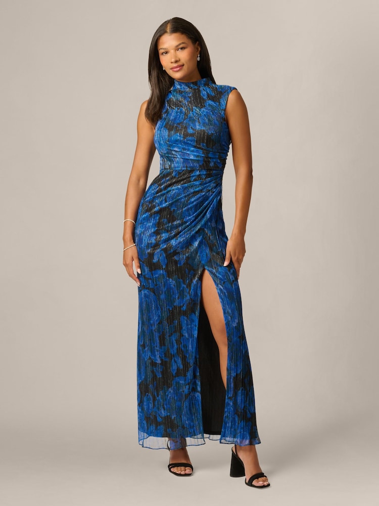 Adrianna Papell Blue Metallic Crinkle Draped Gown - Image 1 of 6 Adrianna Papell Blue Metallic Crinkle Draped Gown - Image 1 of 6