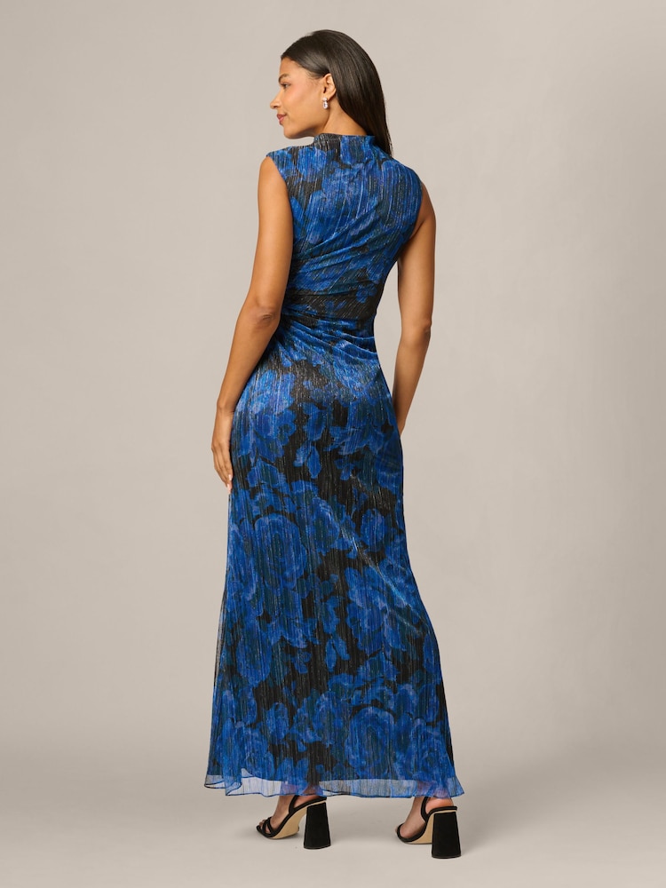 Adrianna Papell Blue Metallic Crinkle Draped Gown - Image 2 of 6 Adrianna Papell Blue Metallic Crinkle Draped Gown - Image 2 of 6