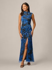 Adrianna Papell Blue Metallic Crinkle Draped Gown - Image 3 of 6