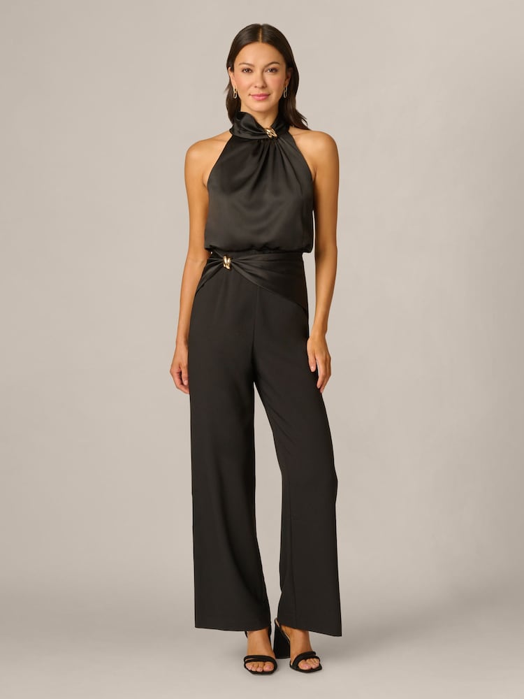 Adrianna Papell Black Satin Crepe Jumpsuit - Image 1 of 5 Adrianna Papell Black Satin Crepe Jumpsuit - Image 1 of 5