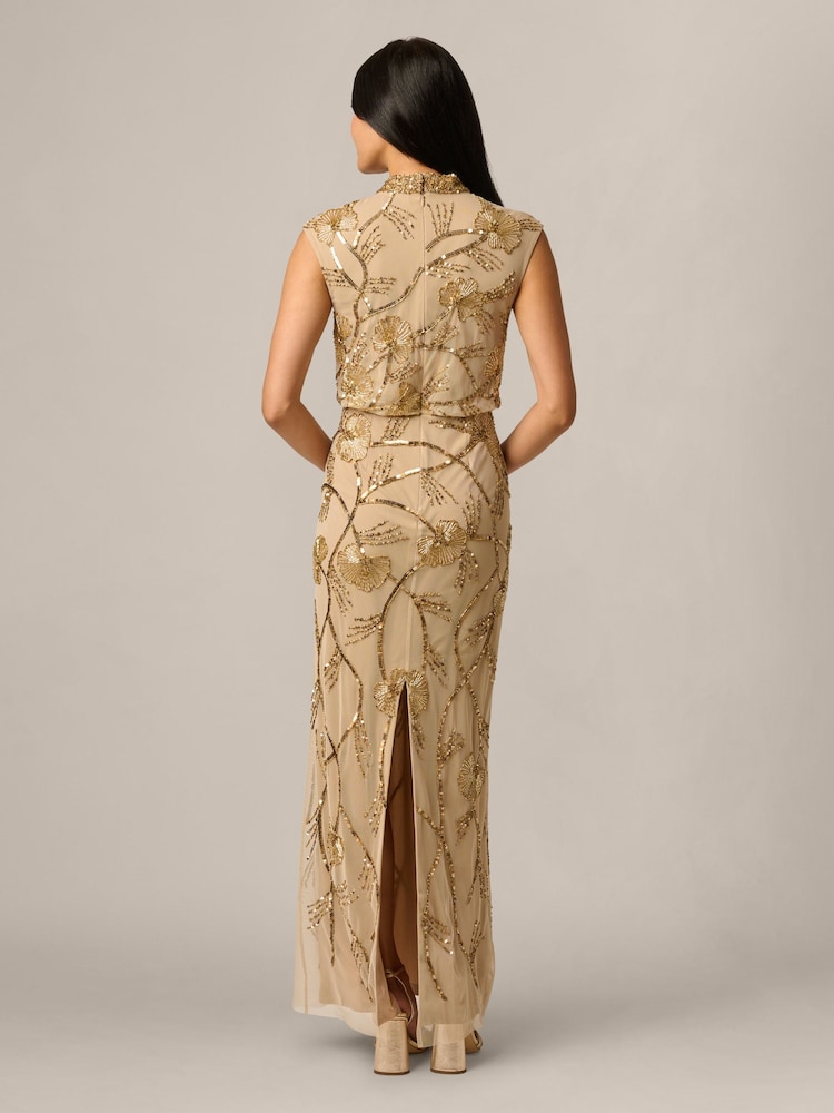 Adrianna Papell Gold Mock Neck Beaded Long Dress - Image 2 of 6 Adrianna Papell Gold Mock Neck Beaded Long Dress - Image 2 of 6