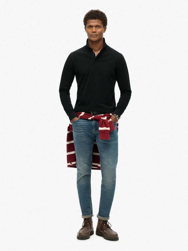 Superdry Black 100% Cotton Long Sleeve Pique Polo Shirt - Image 3 of 6