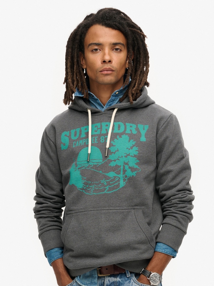 Superdry Granite Grey Marl Lo-Fi Outdoor Graphic Hoodie - Image 1 of 5