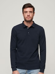 Superdry Eclipse Navy 100% Cotton Long Sleeve Pique Polo Shirt - Image 1 of 6