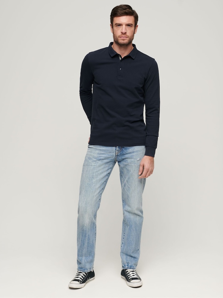 Superdry Eclipse Navy 100% Cotton Long Sleeve Pique Polo Shirt - Image 2 of 6