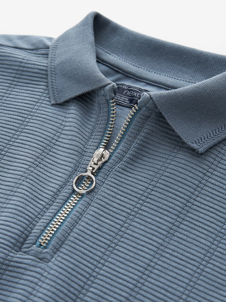 Blue Textured Short Sleeve Quarter Zip Polo Shirt (3-16yrs) - Image 3 of 3