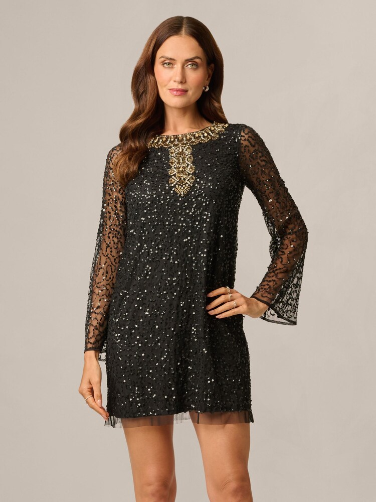 Adrianna Papell Black Bead Mesh Aline Dress - Image 1 of 6 Adrianna Papell Black Bead Mesh Aline Dress - Image 1 of 6