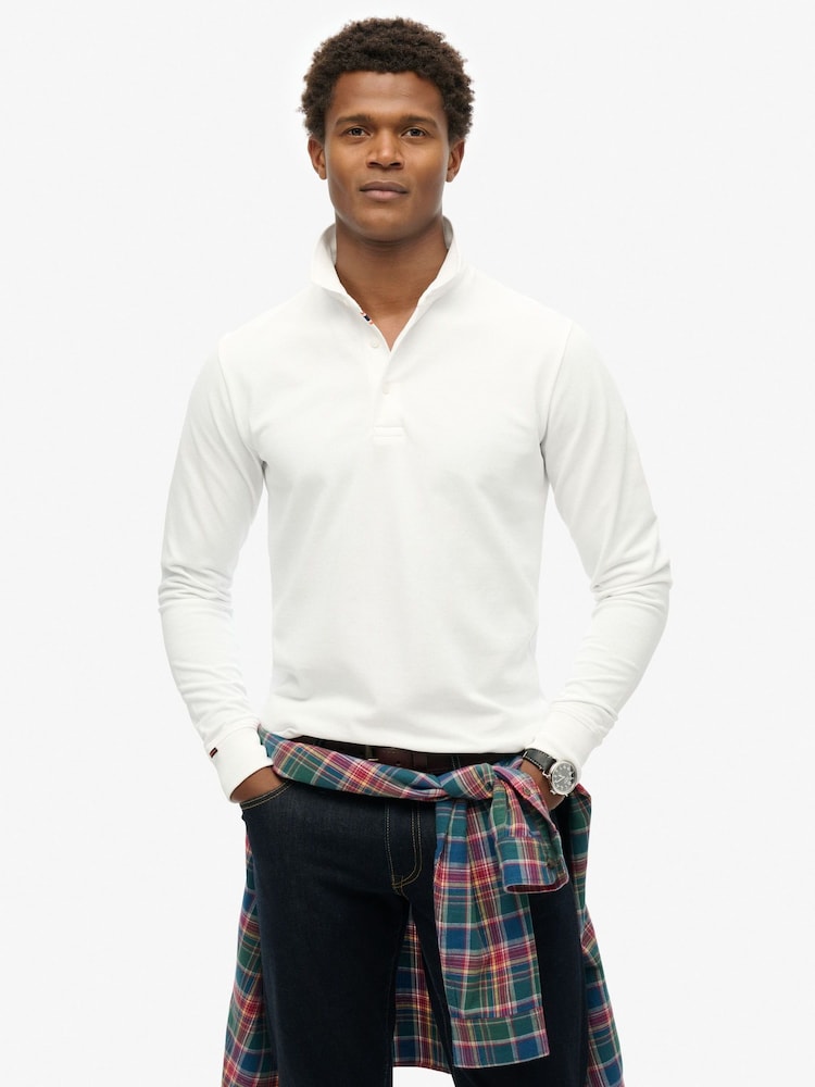Superdry White 100% Cotton Long Sleeve Pique Polo Shirt - Image 1 of 4