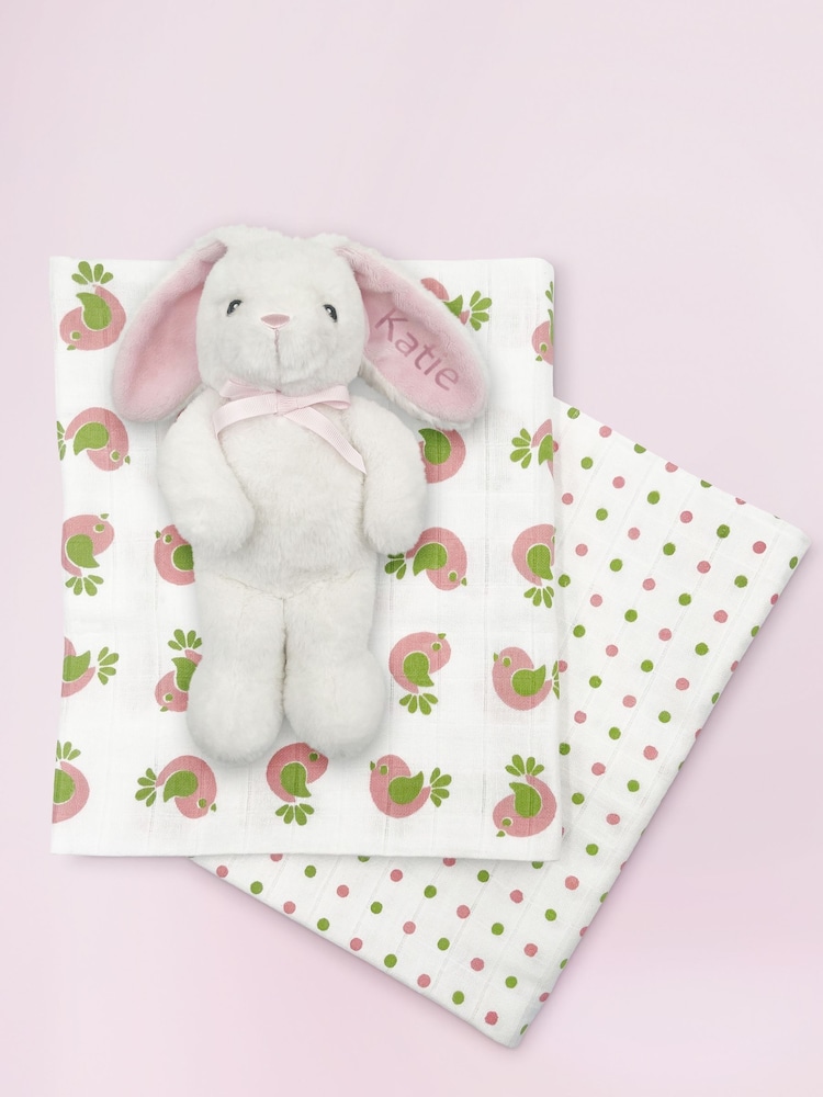 Babyblooms Baby Personalised 100% Cotton Bunny with Muslin Wrap Gift Set - Image 1 of 7