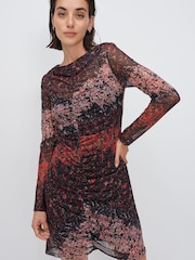Red / Black Ditsy Long Sleeve Mesh Mini Dress - Image 1 of 7