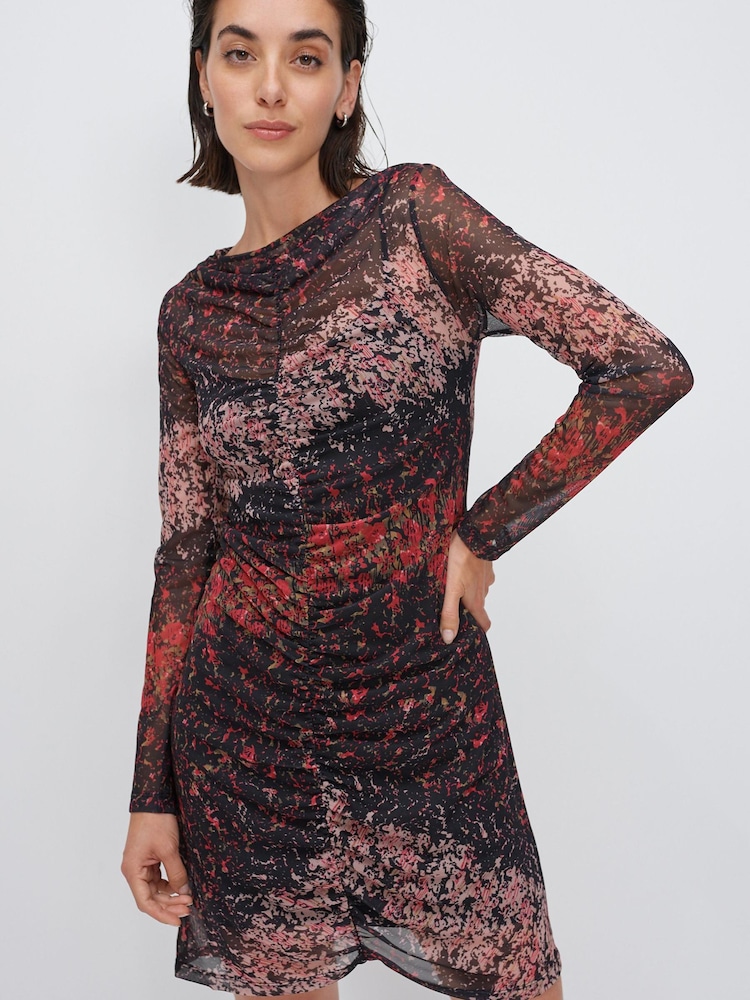 Red / Black Ditsy Long Sleeve Mesh Mini Dress - Image 1 of 7