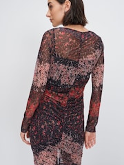 Red / Black Ditsy Long Sleeve Mesh Mini Dress - Image 4 of 7