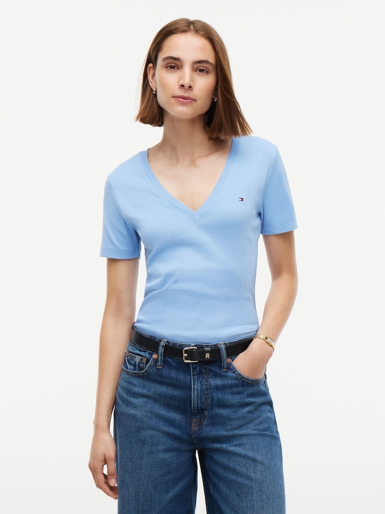 Tommy Hilfiger Blue Flag Embroidery Slim V-Neck T-Shirt - Image 1 of 5 Tommy Hilfiger Blue Flag Embroidery Slim V-Neck T-Shirt - Image 1 of 5