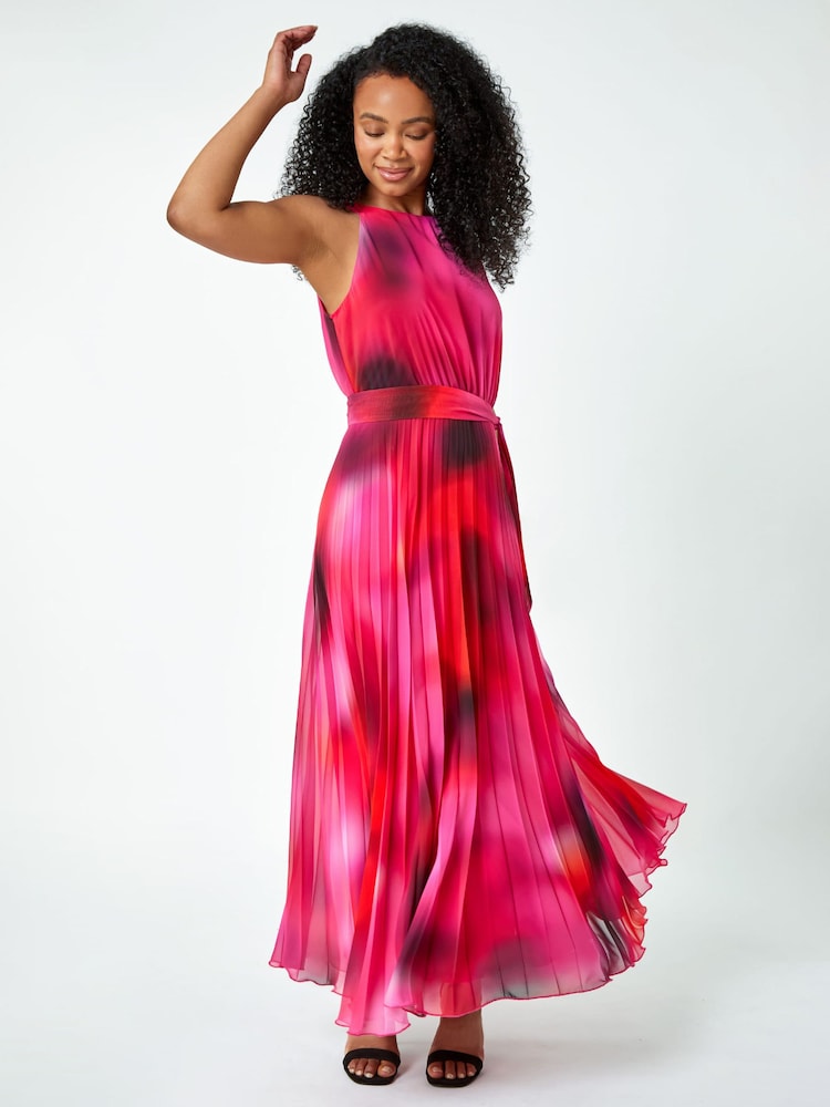 Roman Pink Petite Halterneck Pleated Maxi Dress - Image 1 of 5