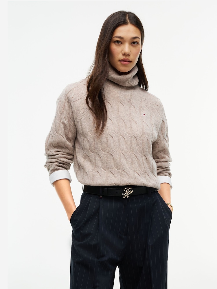 Tommy Hilfiger Brown Pure Wool Cable Roll Neck Jumper - Image 1 of 5 Tommy Hilfiger Brown Pure Wool Cable Roll Neck Jumper - Image 1 of 5