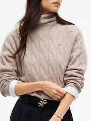 Tommy Hilfiger Brown Pure Wool Cable Roll Neck Jumper - Image 4 of 5