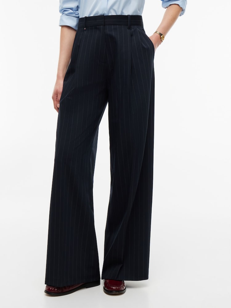 Tommy Hilfiger Blue Pleated Twill Wide Leg Trousers - Image 1 of 5 Tommy Hilfiger Blue Pleated Twill Wide Leg Trousers - Image 1 of 5