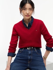 Қызыл - Tommy Hilfiger жіңішке калибрлі кабельді тоқылған V мойын жемпірі - 5суретінің 4 суреті