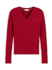 Қызыл - Tommy Hilfiger жіңішке калибрлі кабельді тоқылған V мойын жемпірі - 5суретінің 5 суреті