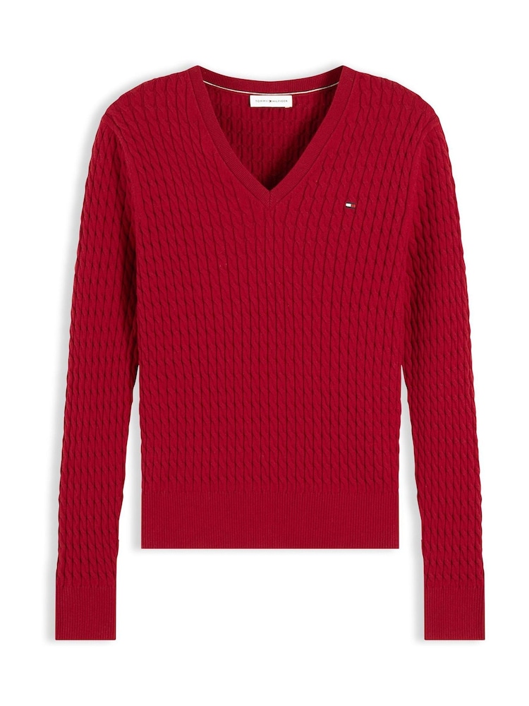 Қызыл - Tommy Hilfiger жіңішке калибрлі кабельді тоқылған V мойын жемпірі - 5суретінің 5 суреті