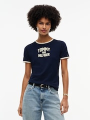 Tommy Hilfiger Blue Flock Varsity Logo Slim Ringer T-Shirt - Image 1 of 5