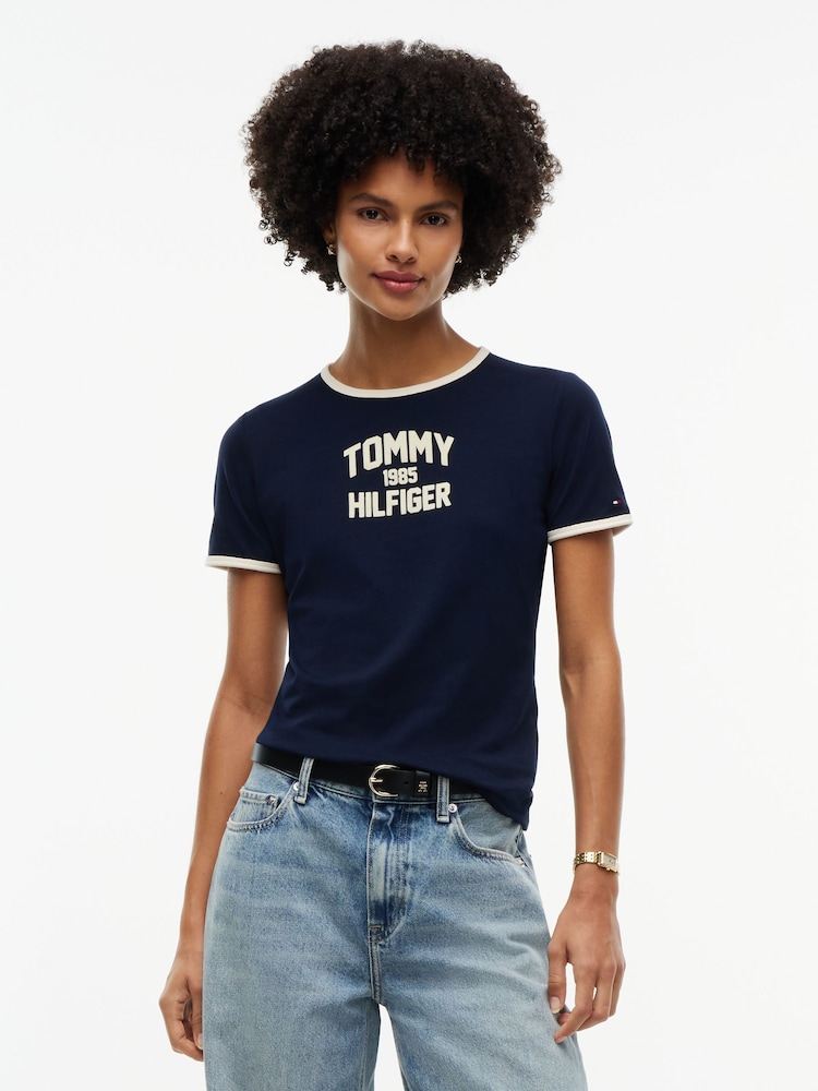 Tommy Hilfiger Blue Flock Varsity Logo Slim Ringer T-Shirt - Image 1 of 5
