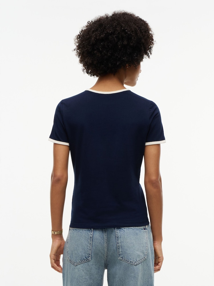 Tommy Hilfiger Blue Flock Varsity Logo Slim Ringer T-Shirt - Image 2 of 5