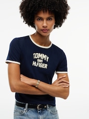 Tommy Hilfiger Blue Flock Varsity Logo Slim Ringer T-Shirt - Image 4 of 5