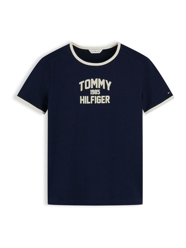 Tommy Hilfiger Blue Flock Varsity Logo Slim Ringer T-Shirt - Image 5 of 5