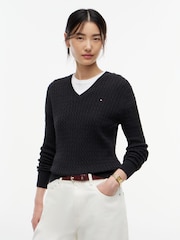 Қара - Tommy Hilfiger жіңішке калибрлі кабельді тоқылған V мойын жемпірі - 5суретінің 1 суреті