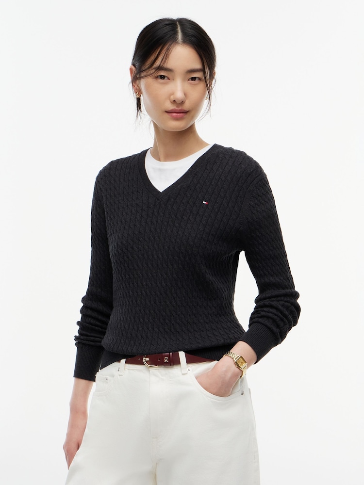 Қара - Tommy Hilfiger жіңішке калибрлі кабельді тоқылған V мойын жемпірі - 5суретінің 1 суреті