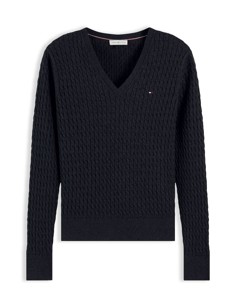 Қара - Tommy Hilfiger жіңішке калибрлі кабельді тоқылған V мойын жемпірі - 5суретінің 5 суреті