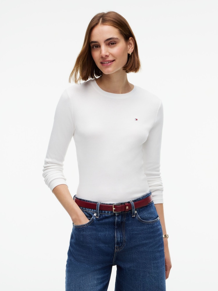 Tommy Hilfiger White Slim Crew Neck Long Sleeve T-Shirt - Image 1 of 5 Tommy Hilfiger White Slim Crew Neck Long Sleeve T-Shirt - Image 1 of 5