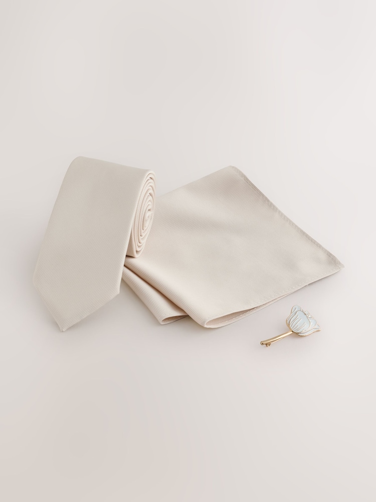 Ivory White Tie Pocket Square and Pin Set - Image 1 of 4 Ivory White Tie Pocket Square and Pin Set - Image 1 of 4