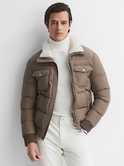 Reiss Mushroom Brown Mist Padded Faux Fur Coat - Image 1 of 7