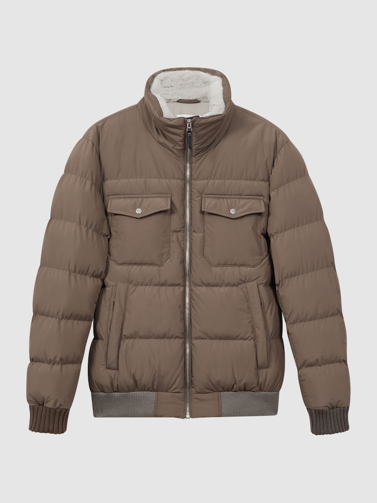 Reiss Mushroom Brown Mist Padded Faux Fur Coat - Image 2 of 7